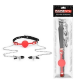 Красный кляп-шарик с зажимами на соски на металлической цепочке - Notabu - купить с доставкой в Грозном