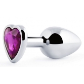 Серебристая анальная пробка с фиолетовым кристаллом-сердечком - 8 см. - Anal Jewelry Plug - купить с доставкой в Грозном