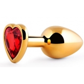 Золотистая анальная пробка с красным стразом-сердечком - 8 см. - Anal Jewelry Plug - купить с доставкой в Грозном