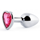 Серебристая анальная пробка с розовым кристаллом-сердечком - 7 см. - Anal Jewelry Plug - купить с доставкой в Грозном