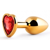 Золотистая анальная пробка с красным стразом-сердечком - 7 см. - Anal Jewelry Plug - купить с доставкой в Грозном