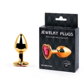 Золотистая анальная пробка с малиновым кристаллом-сердечком - 7 см. - Anal Jewelry Plug - купить с доставкой в Грозном