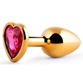 Золотистая анальная пробка с малиновым кристаллом-сердечком - 7 см. - Anal Jewelry Plug - купить с доставкой в Грозном