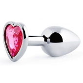 Серебристая анальная пробка с малиновым кристаллом-сердечком - 7 см. - Anal Jewelry Plug - купить с доставкой в Грозном