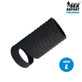 Черная открытая насадка на пенис с кольцом для мошонки L-size - 8,5 см. - Sex Expert - в Грозном купить с доставкой