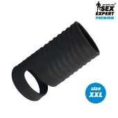 Черная открытая насадка на пенис с кольцом для мошонки XXL-size - 9,4 см. - Sex Expert - в Грозном купить с доставкой