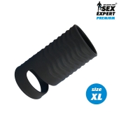 Черная открытая насадка на пенис с кольцом для мошонки XL-size - 8,9 см. - Sex Expert - в Грозном купить с доставкой