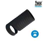 Черная открытая насадка на пенис с кольцом для мошонки size M - 7,9 см. - Sex Expert - в Грозном купить с доставкой