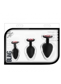 Набор черных анальных пробок с красным кристаллом-сердечком Bling Plugs Training Kit - Blush Novelties - купить с доставкой в Грозном