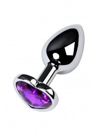 Серебристая коническая анальная пробка с фиолетовым кристаллом-сердечком - 7 см. - ToyFa - купить с доставкой в Грозном