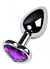 Серебристая коническая анальная пробка с фиолетовым кристаллом-сердечком - 7 см. - ToyFa - купить с доставкой в Грозном