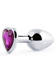 Серебристая анальная пробка с фиолетовым кристаллом-сердечком - 8 см. - Anal Jewelry Plug - купить с доставкой в Грозном