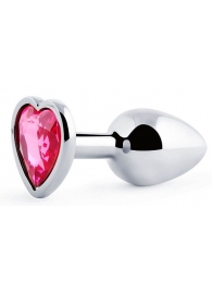 Серебристая анальная пробка с розовым кристаллом-сердечком - 7 см. - Anal Jewelry Plug - купить с доставкой в Грозном