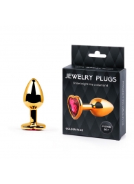 Золотистая анальная пробка с малиновым кристаллом-сердечком - 7 см. - Anal Jewelry Plug - купить с доставкой в Грозном