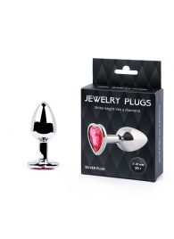 Серебристая анальная пробка с малиновым кристаллом-сердечком - 7 см. - Anal Jewelry Plug - купить с доставкой в Грозном