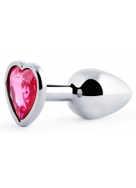 Серебристая анальная пробка с малиновым кристаллом-сердечком - 7 см. - Anal Jewelry Plug - купить с доставкой в Грозном
