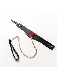 Черный широкий ошейник с красным декором и поводком - Crazy Handmade - купить с доставкой в Грозном