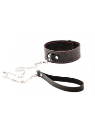 Черный широкий ошейник с красной строчкой и поводком - Crazy Handmade - купить с доставкой в Грозном