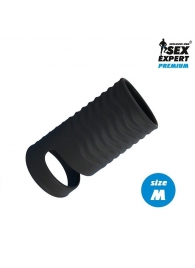 Черная открытая насадка на пенис с кольцом для мошонки size M - 7,9 см. - Sex Expert - в Грозном купить с доставкой