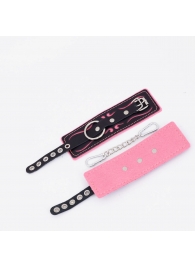 Черно-розовые кожаные наручники с розовой строчкой - Crazy Handmade - купить с доставкой в Грозном