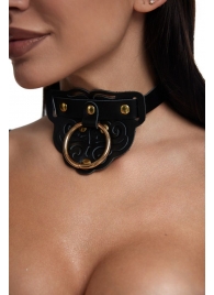 Черный фигурный кожаный ошейник с золотистой фурнитурой - Crazy Handmade - купить с доставкой в Грозном