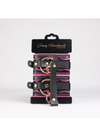 Черные кожаные оковы с розовой строчкой - Crazy Handmade - купить с доставкой в Грозном