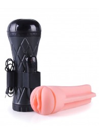 Телесный мастурбатор-вагина в черной колбе с вибрацией - Boys of Toys - в Грозном купить с доставкой