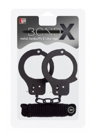 Чёрные наручники из листового металла в комплекте с веревкой BONDX METAL CUFFS LOVE ROPE SET - Dream Toys - купить с доставкой в Грозном