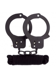 Чёрные наручники из листового металла в комплекте с веревкой BONDX METAL CUFFS LOVE ROPE SET - Dream Toys - купить с доставкой в Грозном
