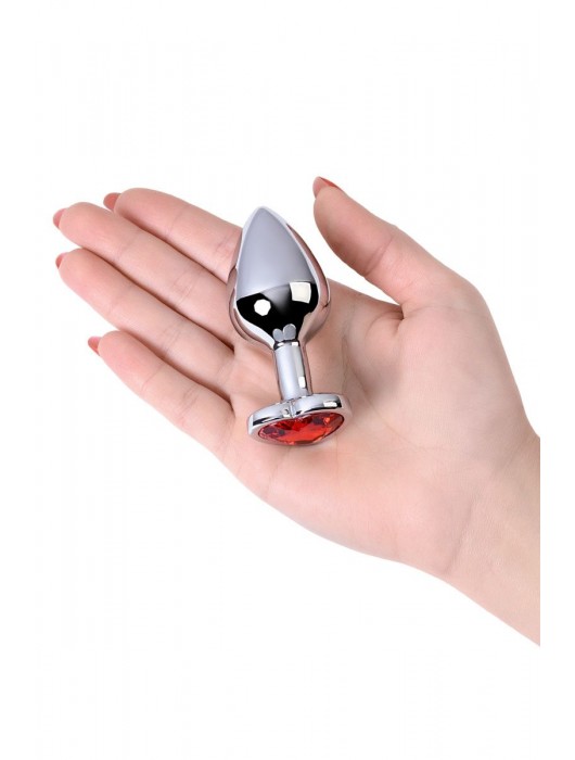 Серебристая коническая анальная пробка с красным кристаллом-сердечком - 7 см. - ToyFa - купить с доставкой в Грозном