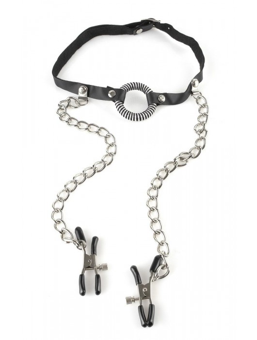 Кляп, соединенный цепочкой с клипсами для сосков - Pipedream - купить с доставкой в Грозном