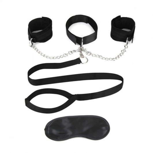 Чёрный ошейник с наручниками и поводком Collar Cuffs   Leash Set - Lux Fetish - купить с доставкой в Грозном