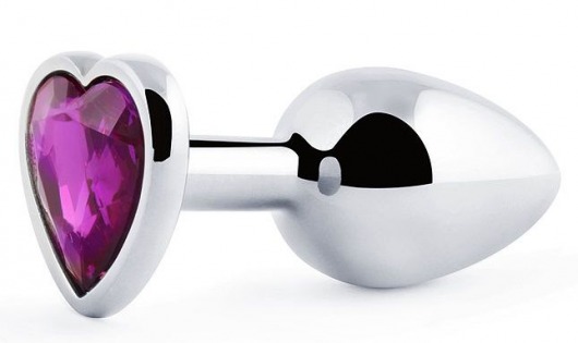 Серебристая анальная пробка с фиолетовым кристаллом-сердечком - 8 см. - Anal Jewelry Plug - купить с доставкой в Грозном