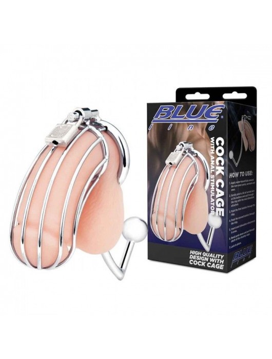 Серебристая металлическая клетка с анальным стимулятором Cock Cage - BlueLine - купить с доставкой в Грозном