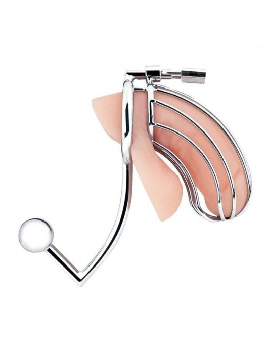 Серебристая металлическая клетка с анальным стимулятором Cock Cage - BlueLine - купить с доставкой в Грозном