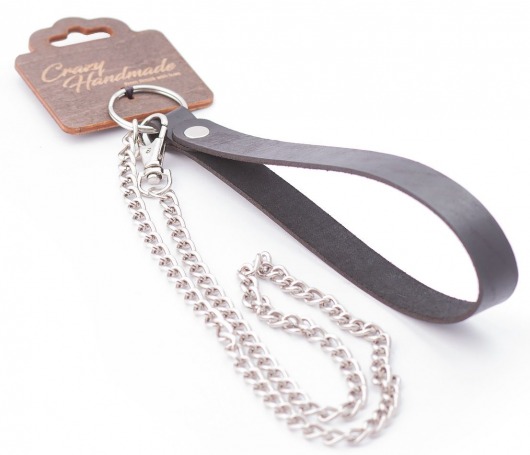 Серебристый металлический поводок с кожаной черной ручкой - 80 см. - Crazy Handmade - купить с доставкой в Грозном