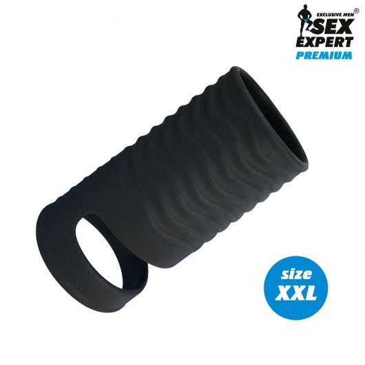 Черная открытая насадка на пенис с кольцом для мошонки XXL-size - 9,4 см. - Sex Expert - в Грозном купить с доставкой