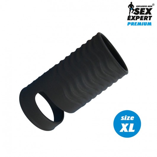 Черная открытая насадка на пенис с кольцом для мошонки XL-size - 8,9 см. - Sex Expert - в Грозном купить с доставкой