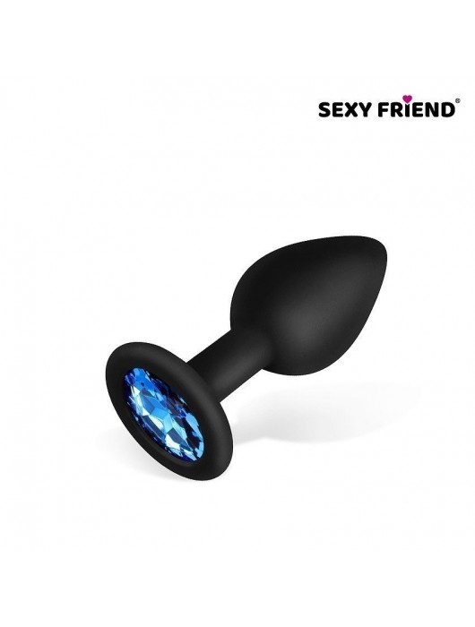 Черная силиконовая анальная втулка с синим кристаллом - 7,3 см. - 1137