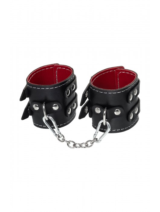 Черные кожаные наручники с двумя ремнями и красной подкладкой - Pecado - купить с доставкой в Грозном