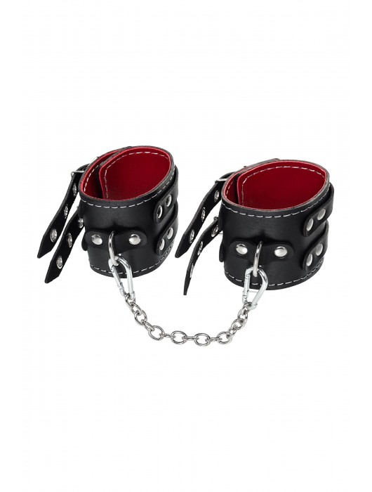Черные кожаные оковы с двумя ремнями и красной подкладкой - Pecado - купить с доставкой в Грозном