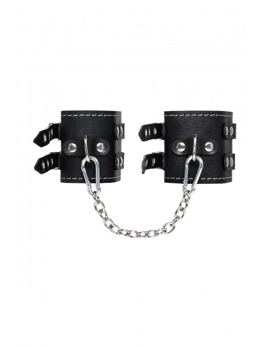 Черные кожаные оковы с двумя ремнями и красной подкладкой - Pecado - купить с доставкой в Грозном
