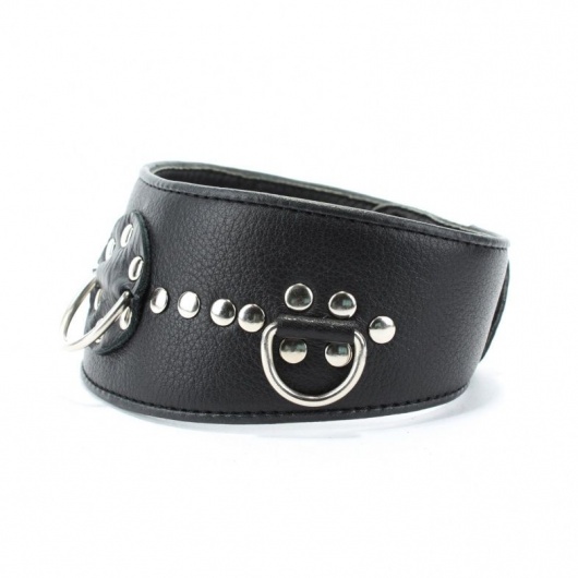 Чёрный кожаный ошейник с полукольцами и клёпками - БДСМ Арсенал - купить с доставкой в Грозном