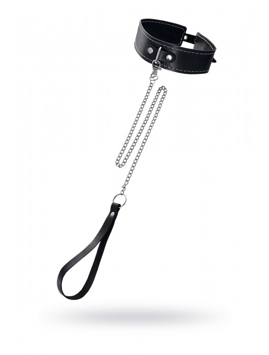 Кожаный двухслойный ошейник с белой строчкой и поводком - Pecado - купить с доставкой в Грозном