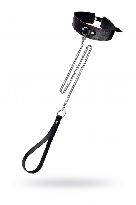 Кожаный двухслойный ошейник с красной строчкой и поводком - Pecado - купить с доставкой в Грозном