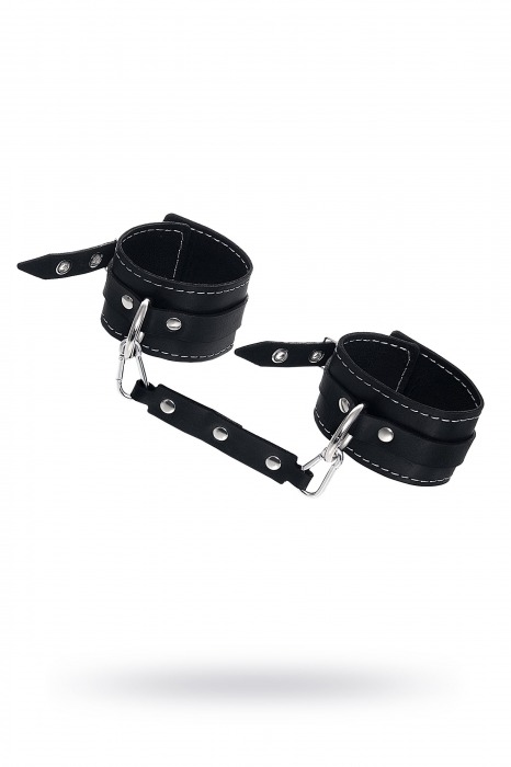 Черные двухслойные кожаные оковы с белой строчкой - Pecado - купить с доставкой в Грозном