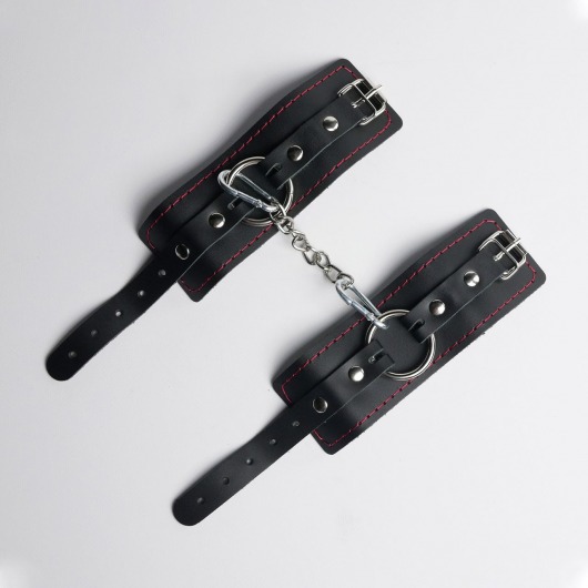 Черные кожаные наручники с красной строчкой - Crazy Handmade - купить с доставкой в Грозном