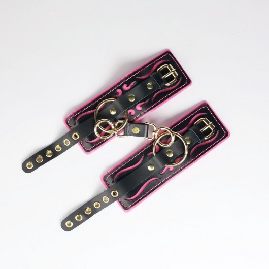 Черные кожаные наручники с розовой строчкой - Crazy Handmade - купить с доставкой в Грозном