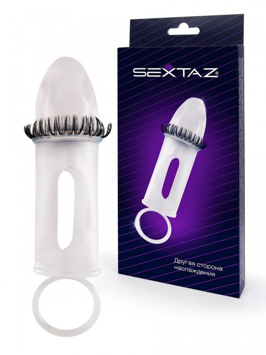 Закрытая насадка на пенис с подхватом мошонки и стимулирующими «ресничками» - Sextaz - в Грозном купить с доставкой