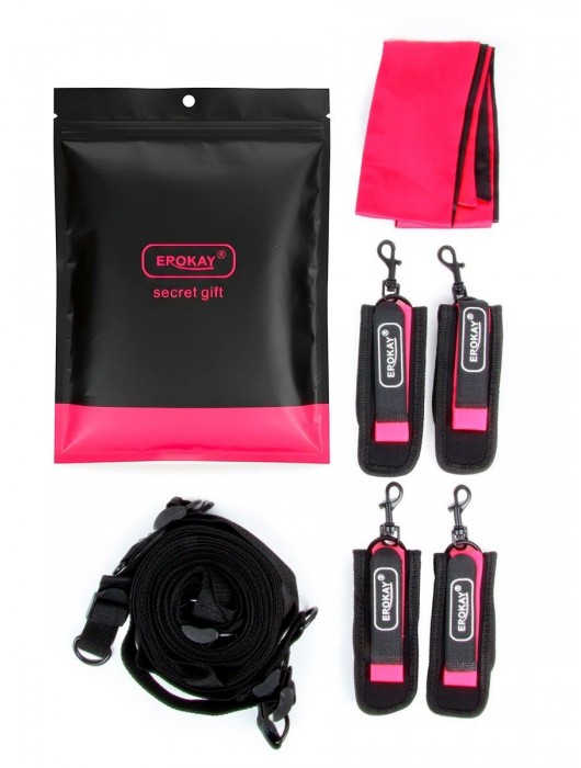Черно-розовый эротический набор: фиксатор, оковы, наручники, повязка - Erokay - купить с доставкой в Грозном